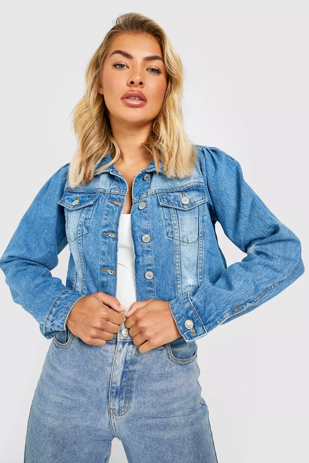 Jean jacket deals puff shoulders